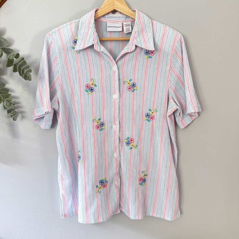 Vtg Alfred Dunner Shirt Cottagecore Button Up Floral Stripe Pastel Rainbow